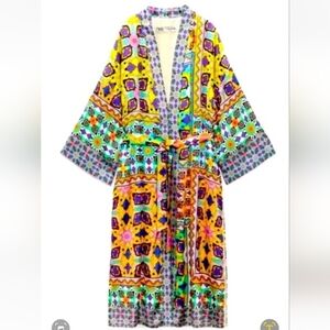 Zara Multicolor Floral Kimono-Style Belted Coat